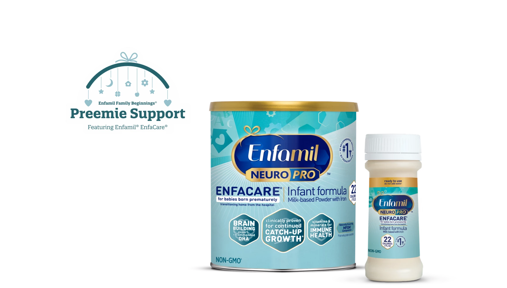 Enfamil Family Beginnings® Preemie Support featuring Enfamil® Enfacare®, Enfamil® NeuroPro™ EnfaCare® Premature Formula lineup