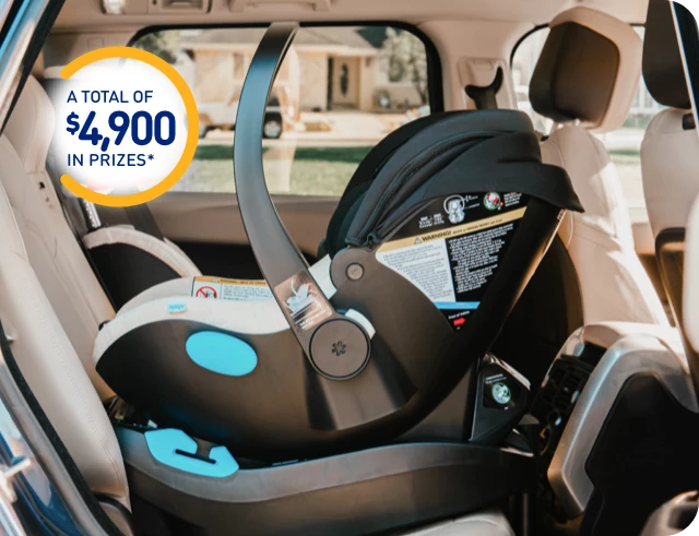 Carseat installed in back seat of car and A total of 44,900 in prizes