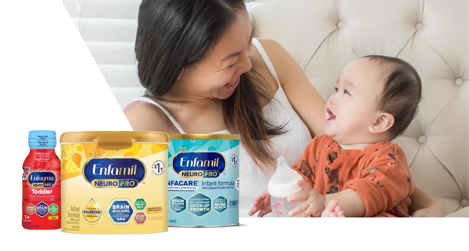 Lineup of Enfamil formula and toddler nutritional drink, smiling woman and child