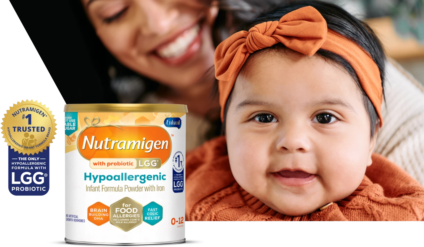 Happy smiling baby, Nutramigen® with Probiotic LGG® that's the #1 trusted hypoallergenic infant formula brand, the only hypoallergenic formula with LGG® probiotic