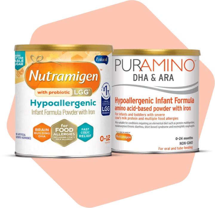 Nutramigen con Enflora LGG Powder Infant Formula y PurAmino Hypoallergenic Infant Formula latas