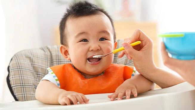 Infant in a high chair eating solid foods