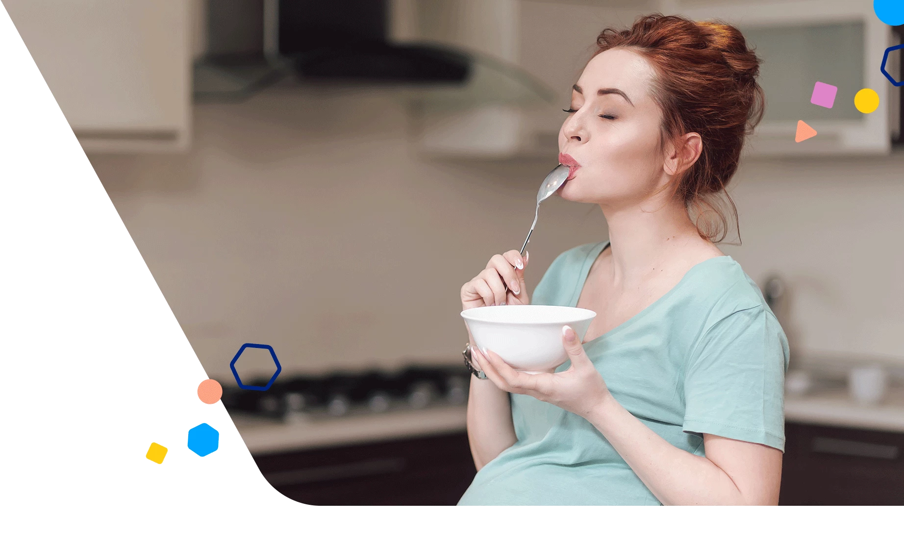 Pregnant woman eating ice cream out of a bowl