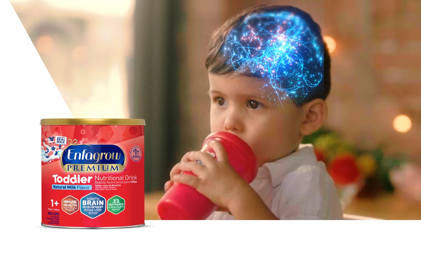 Toddler's brain lighting up with Enfagrow® PREMIUM Toddler Nutritional Drink - Natural Milk Flavor nearby