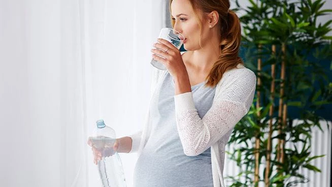 Pregnant woman drinking water and looking outside