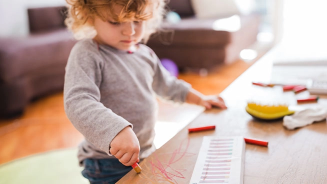 Toddler marking on coffee table with crayons